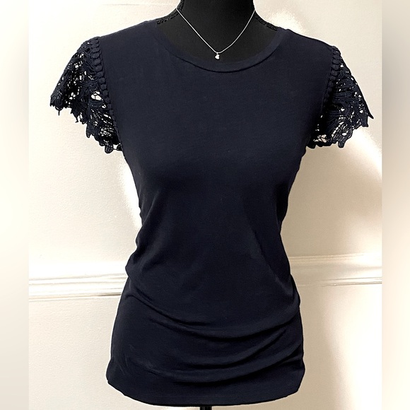 LOFT Navy Blue Short Sleeve Shirt With Lace Cutout Sleeves - Picture 1 of 10